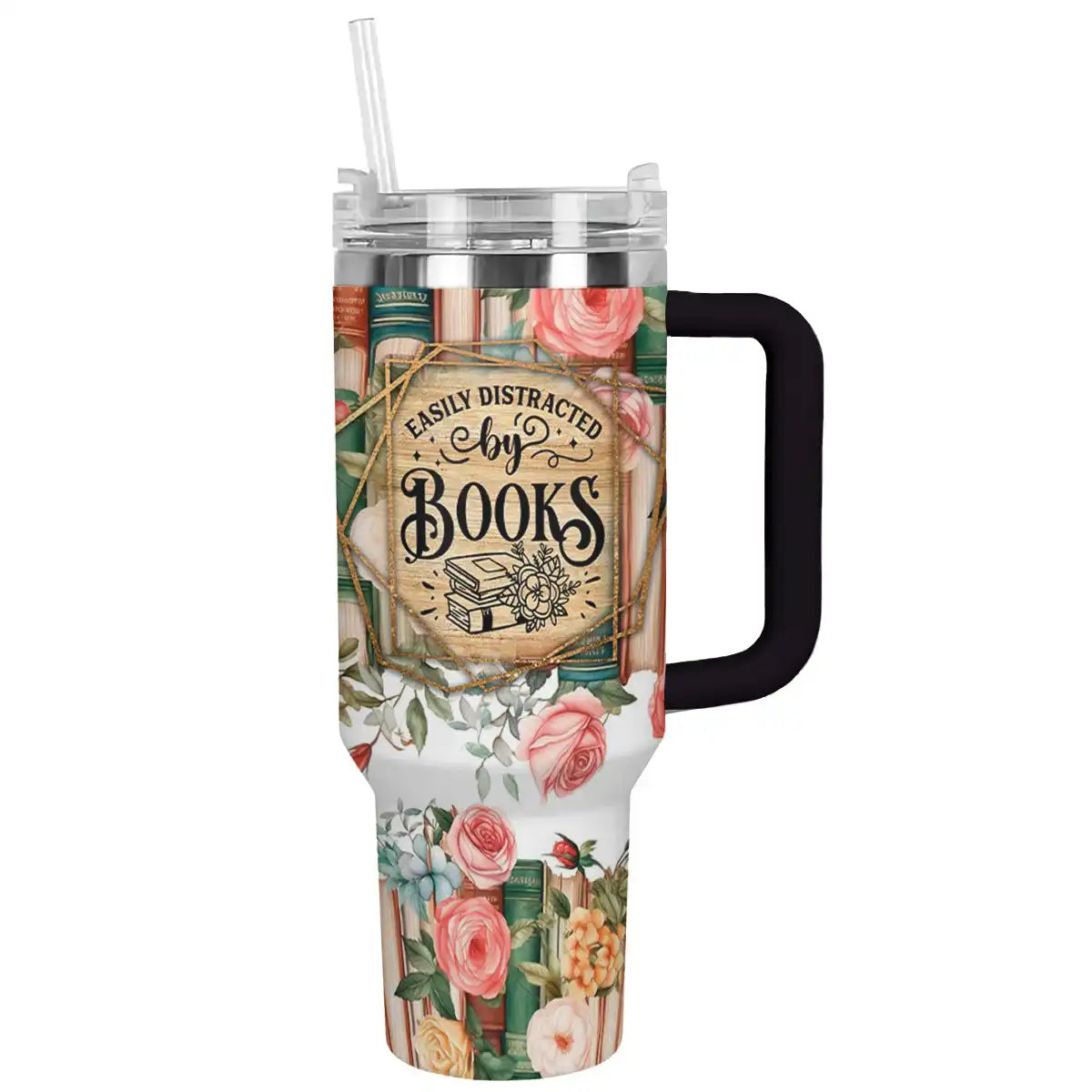Easily Distracted By Books Custom Stanley Quencher 40oz Stainless Steel Tumbler With Handle