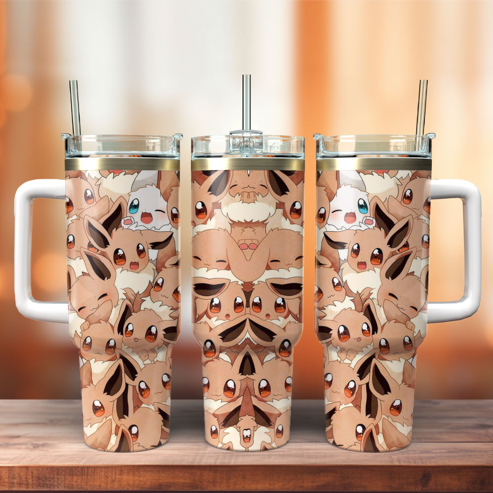 Eevee Pokemon Anime Custom Stanley Quencher 40oz Stainless Steel Tumbler With Handle