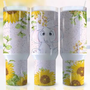 Elephant Sunflower Custom Stanley Quencher 40oz Stainless Steel Tumbler With Handle