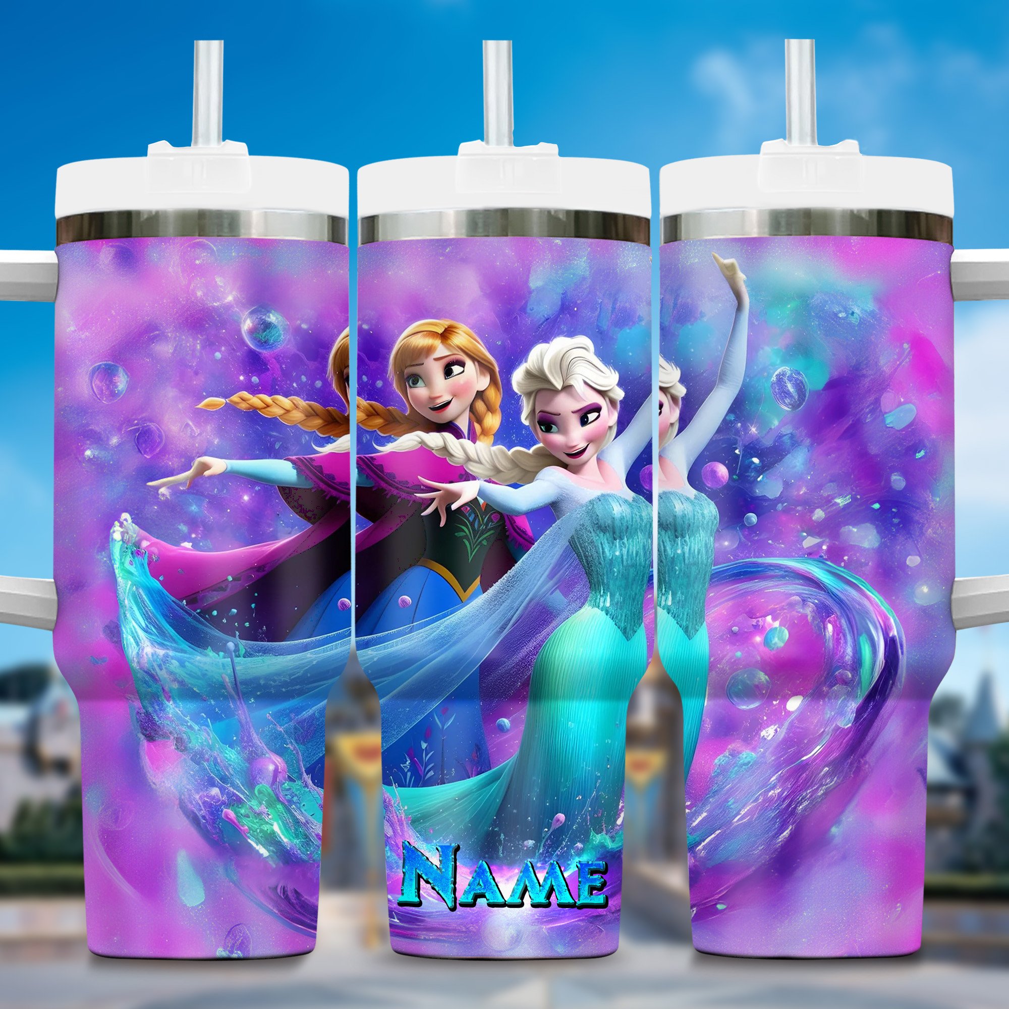 Elsa and Anna 2 Frozen Cartoon Custom Stanley Quencher 40oz Stainless Steel Tumbler With Handle