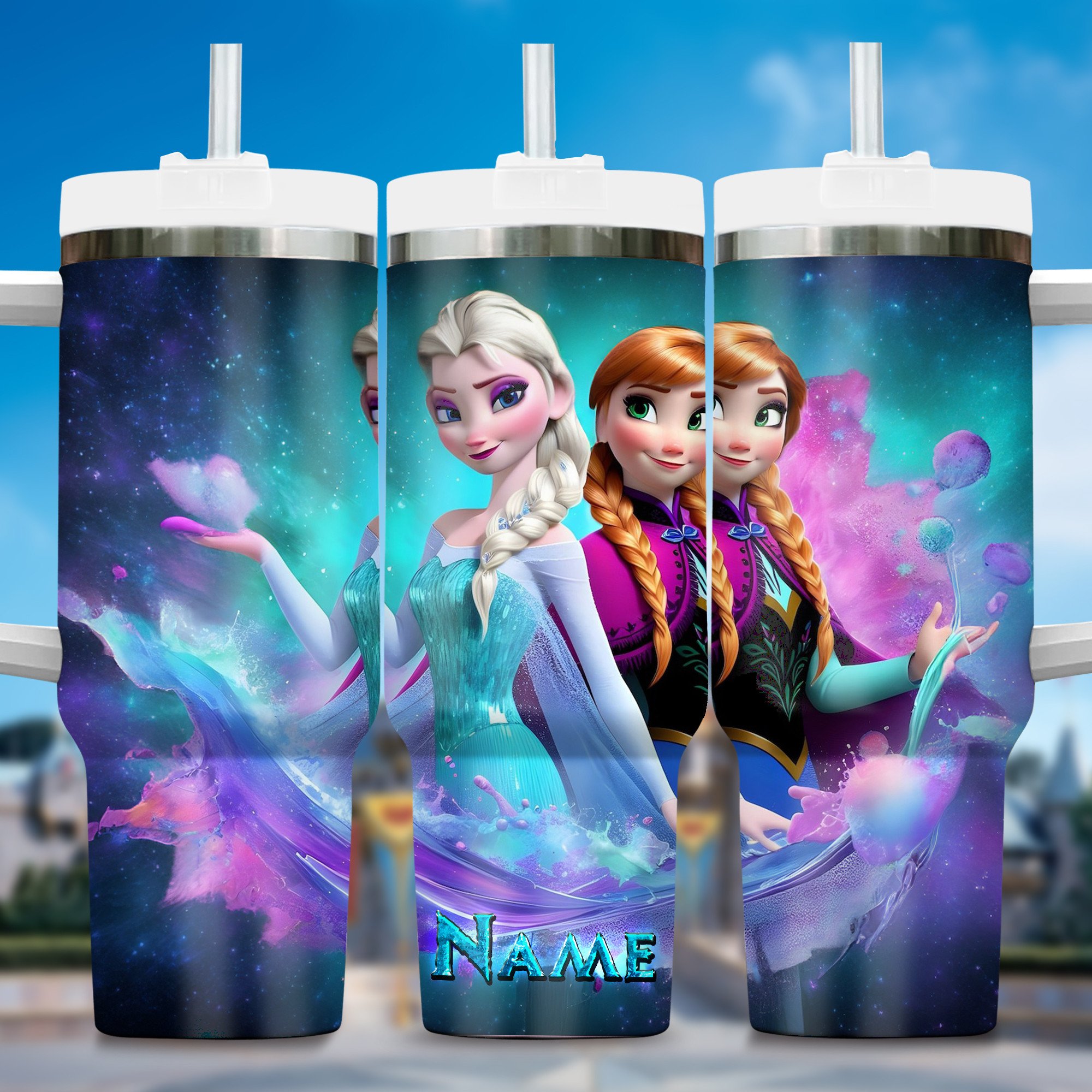 Elsa and Anna Frozen Cartoon Custom Stanley Quencher 40oz Stainless Steel Tumbler With Handle