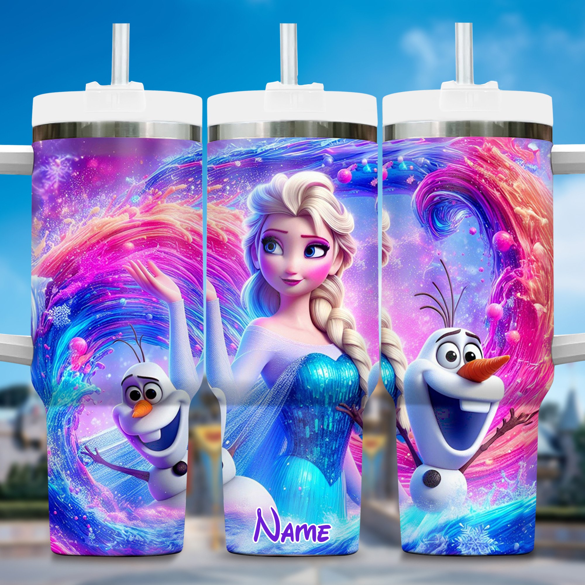 Elsa and Olaf Frozen Cartoon Custom Stanley Quencher 40oz Stainless Steel Tumbler With Handle