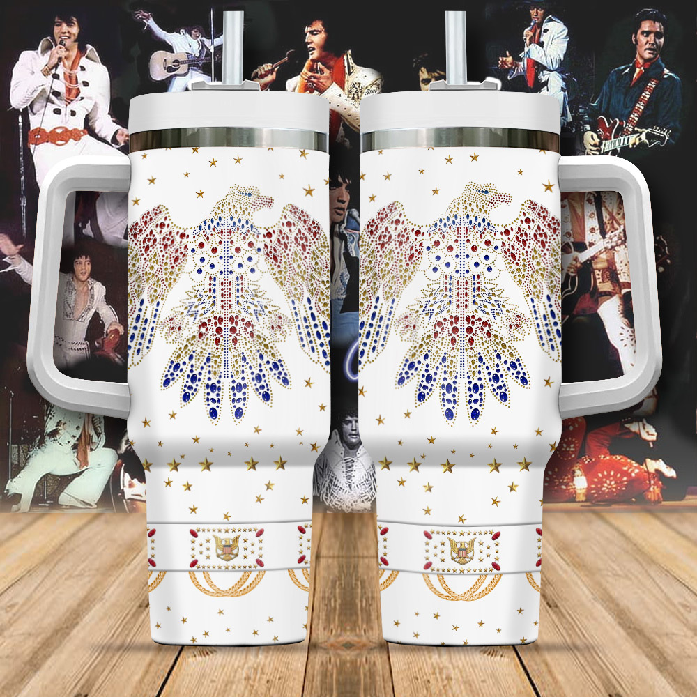 Elvis Presley Eagle Rhinestones Music Custom Stanley Quencher 40oz Stainless Steel Tumbler With Handle