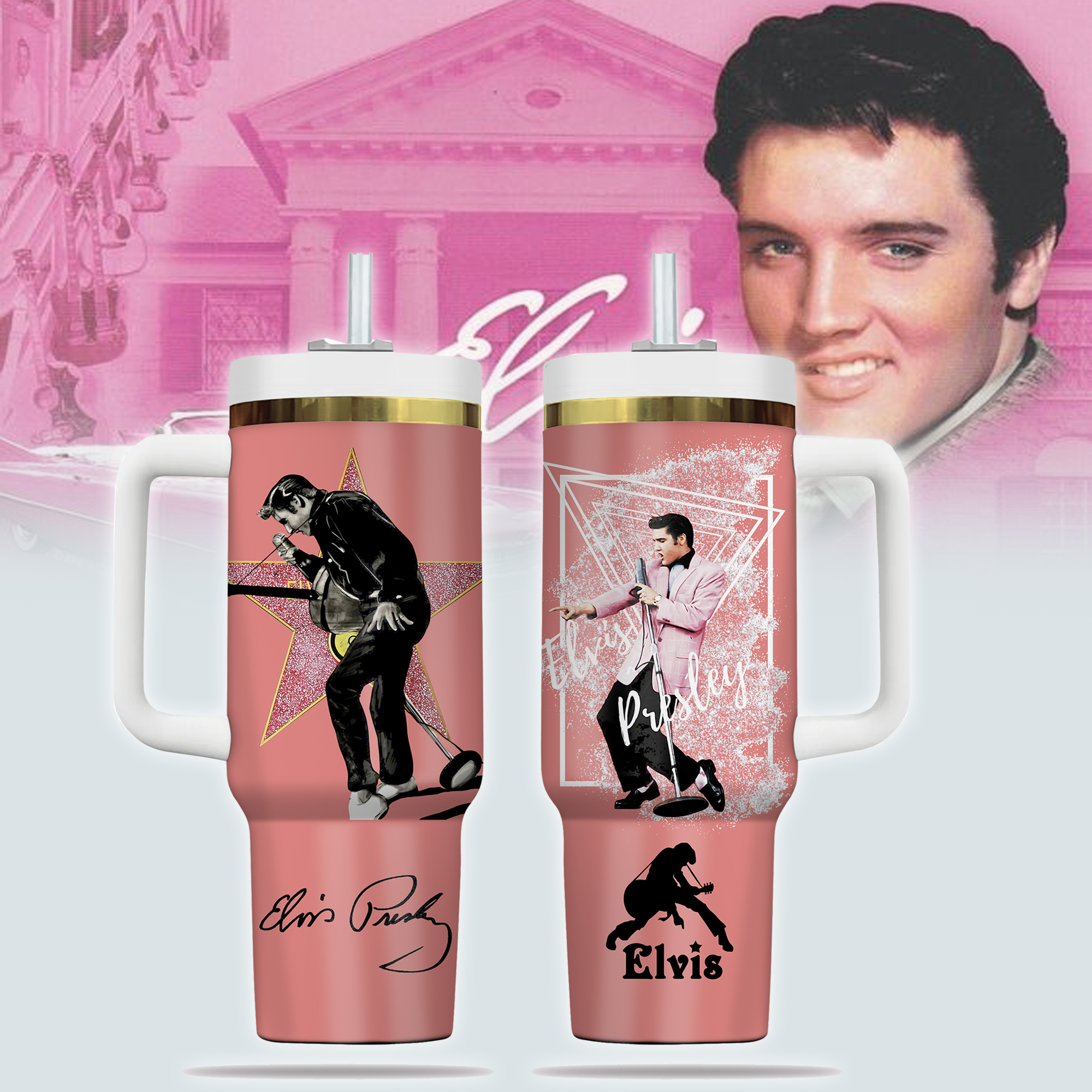 Elvis Presley Music Custom Stanley Quencher 40oz Stainless Steel Tumbler With Handle