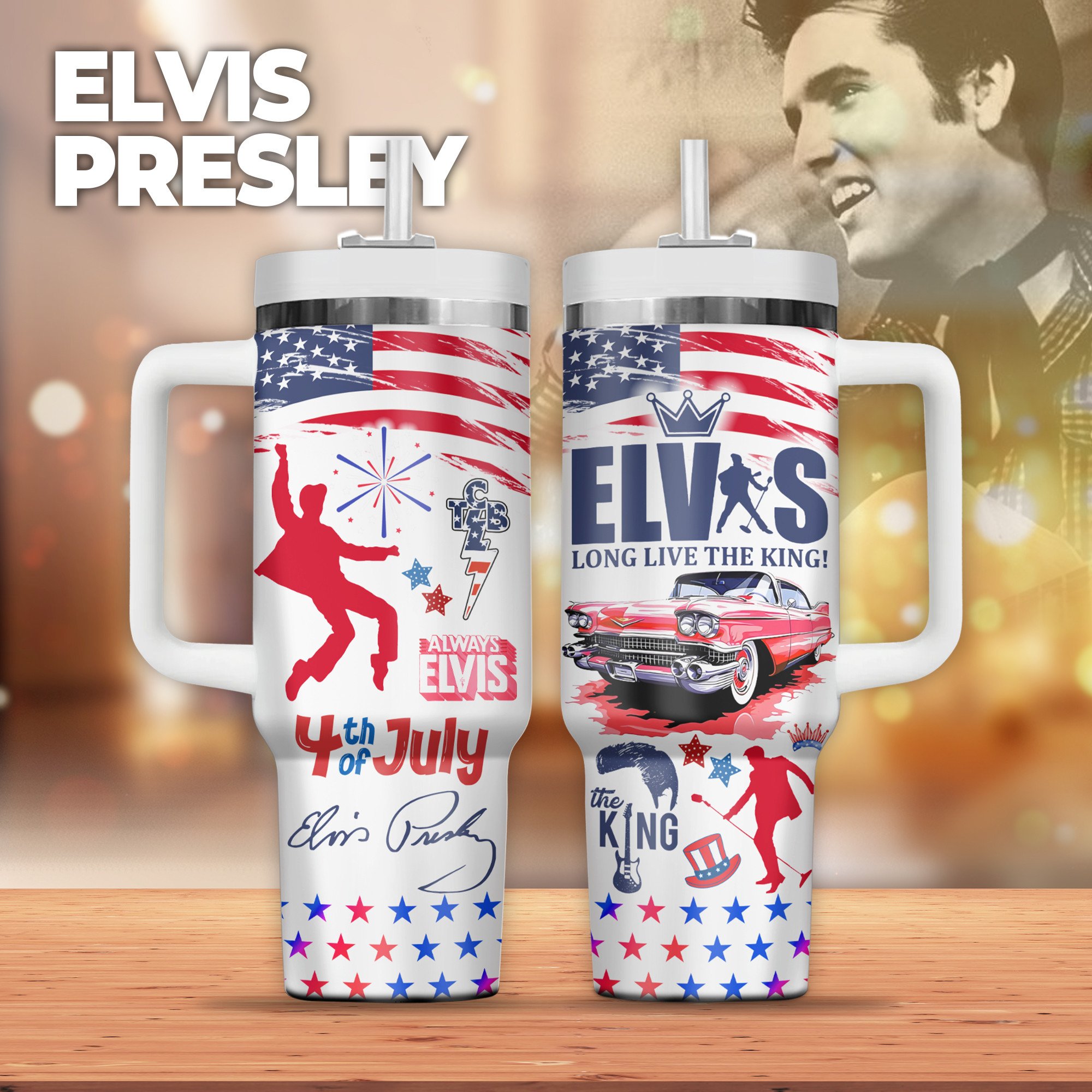 Elvis Presley Music Custom Stanley Quencher 40oz Stainless Steel Tumbler With Handle