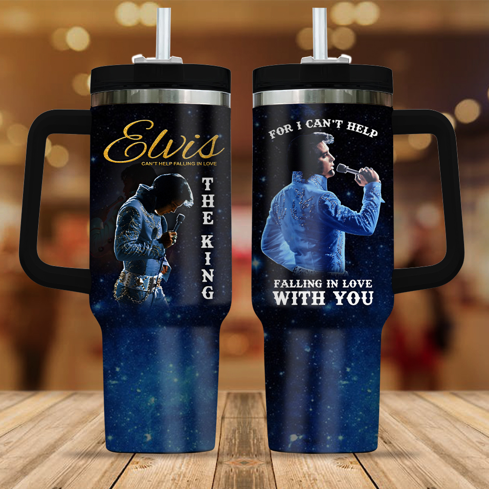 Elvis Presley Rhinestones Music Custom Stanley Quencher 40oz Stainless Steel Tumbler With Handle