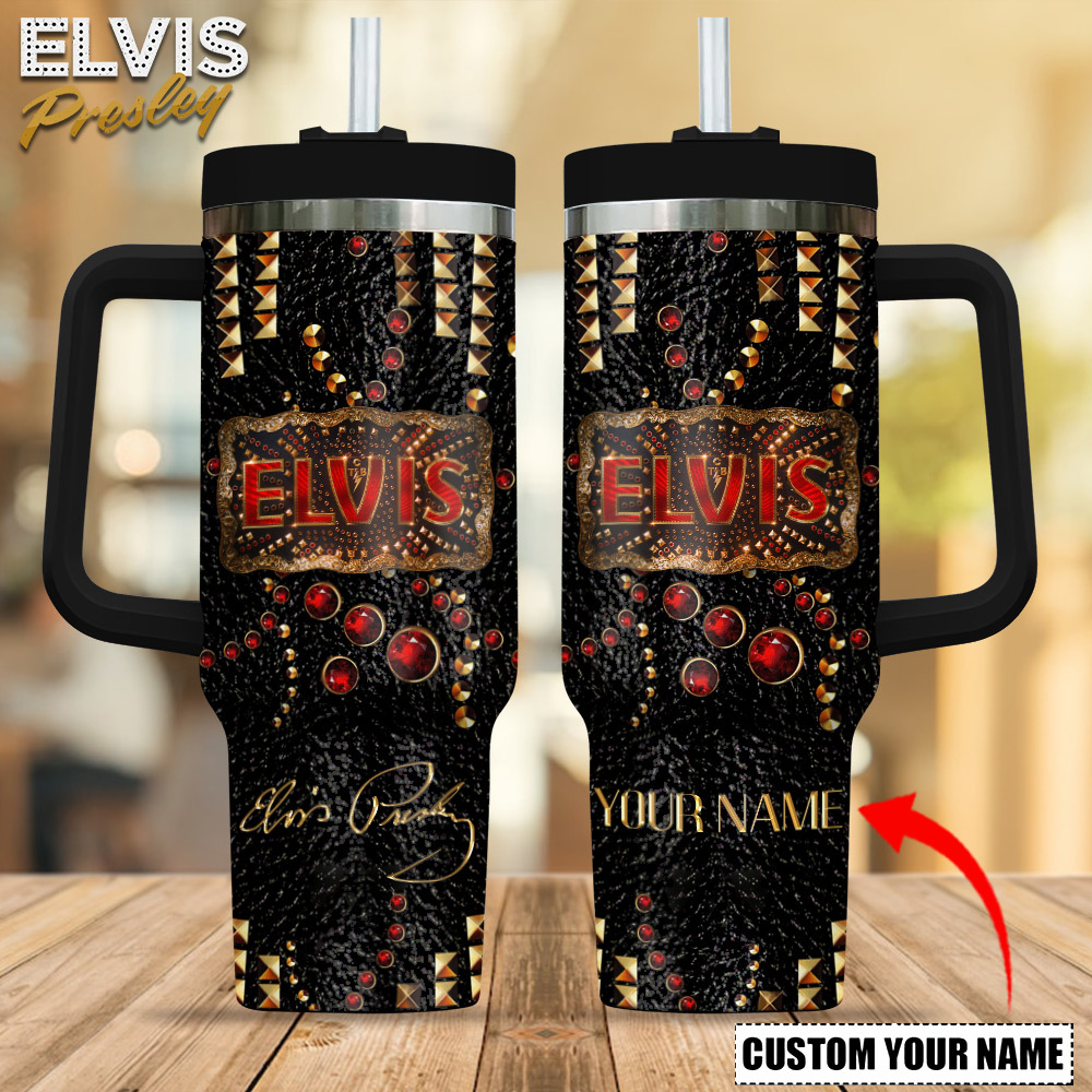 Elvis Presley Rhinestones Music Custom Stanley Quencher 40oz Stainless Steel Tumbler With Handle