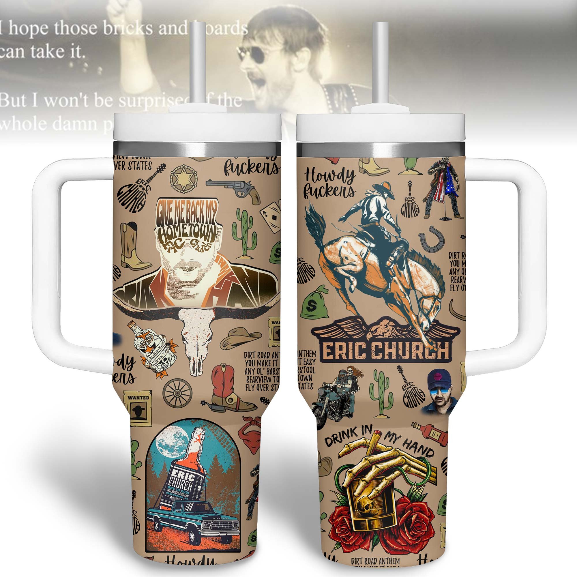 Eric Church Music Custom Stanley Quencher 40oz Stainless Steel Tumbler With Handle