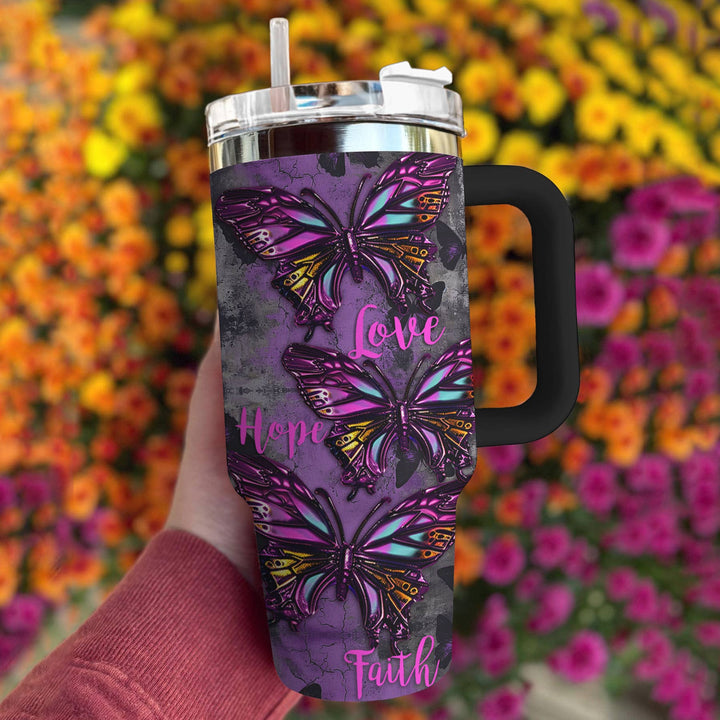Faith Hope Love Butterfly Custom Stanley Quencher 40oz Stainless Steel Tumbler With Handle
