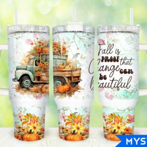 Fall Teal Truck Pumpkins Custom Stanley Quencher 40oz Stainless Steel Tumbler With Handle