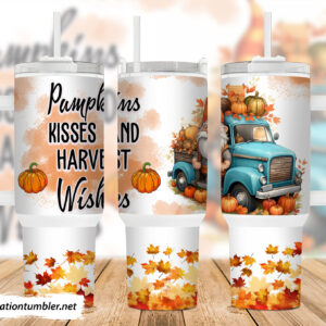 Fall Truck And Pumpkins Custom Stanley Quencher 40oz Stainless Steel Tumbler With Handle