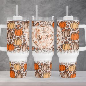 Fall Vibes Pumpkins Leopard Print Custom Stanley Quencher 40oz Stainless Steel Tumbler With Handle