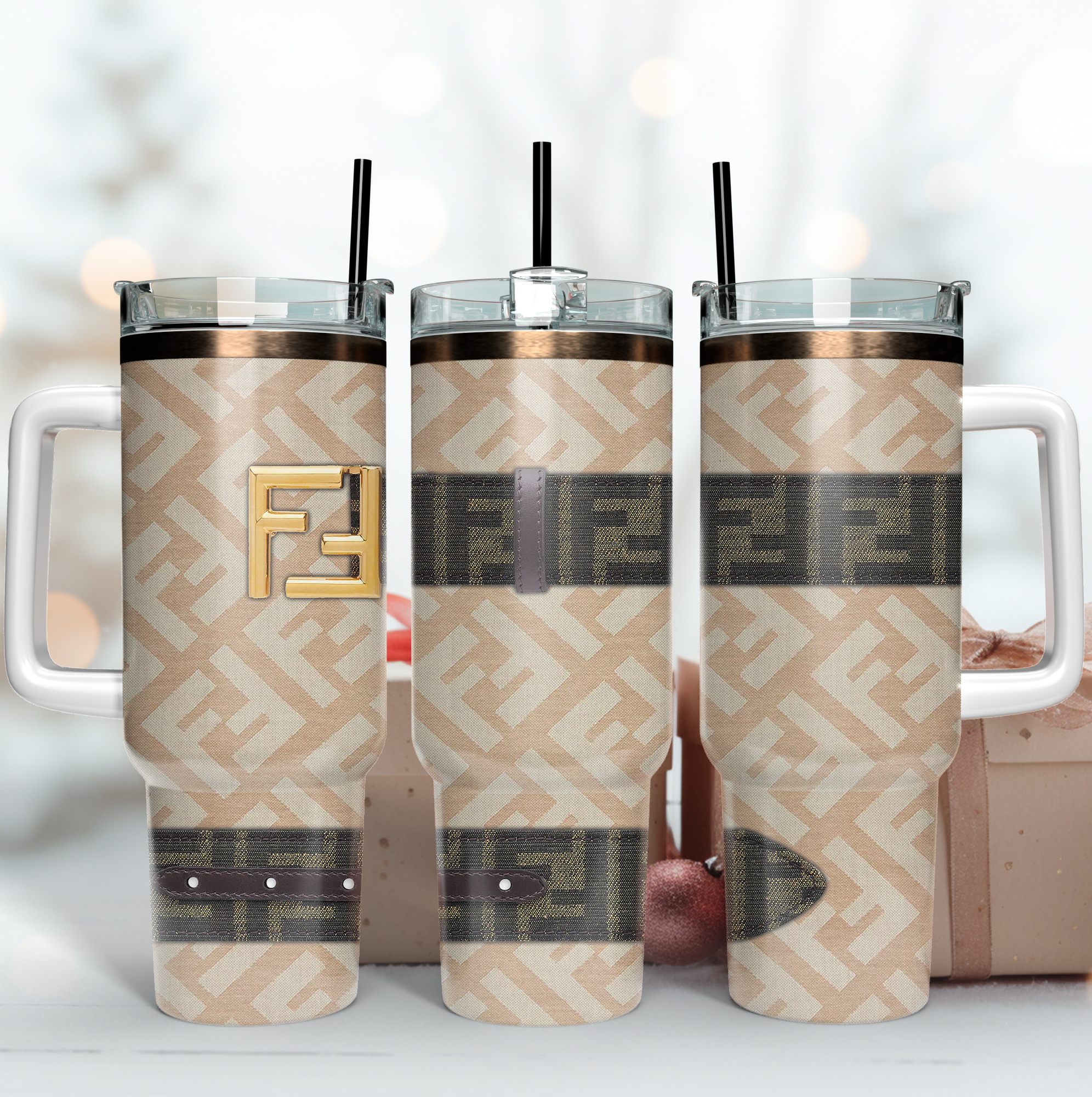 Fendi Belt Logo Pattern Custom Stanley Quencher 40oz Stainless Steel Tumbler With Handle