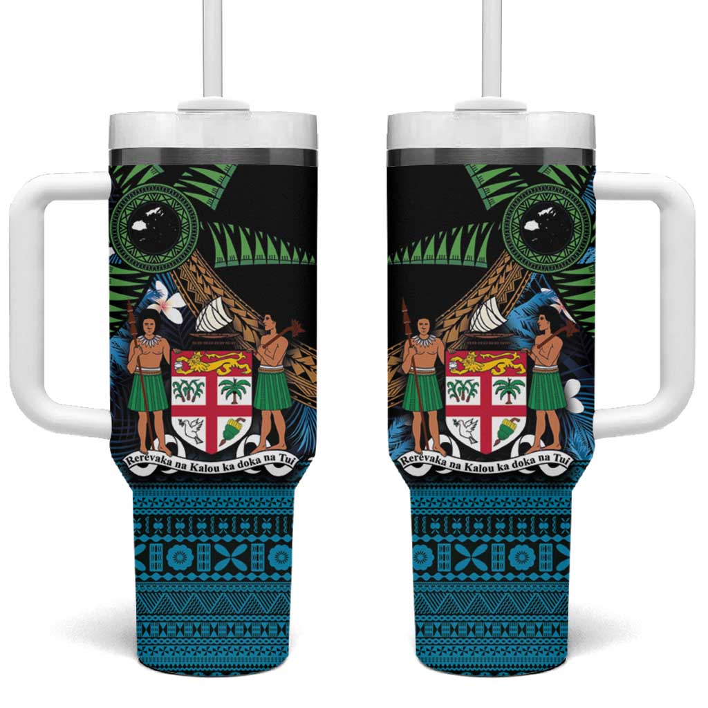 Fiji Day Palm Tree With Plumeria Tapa Tribal Custom Stanley Quencher 40oz Stainless Steel Tumbler With Handle