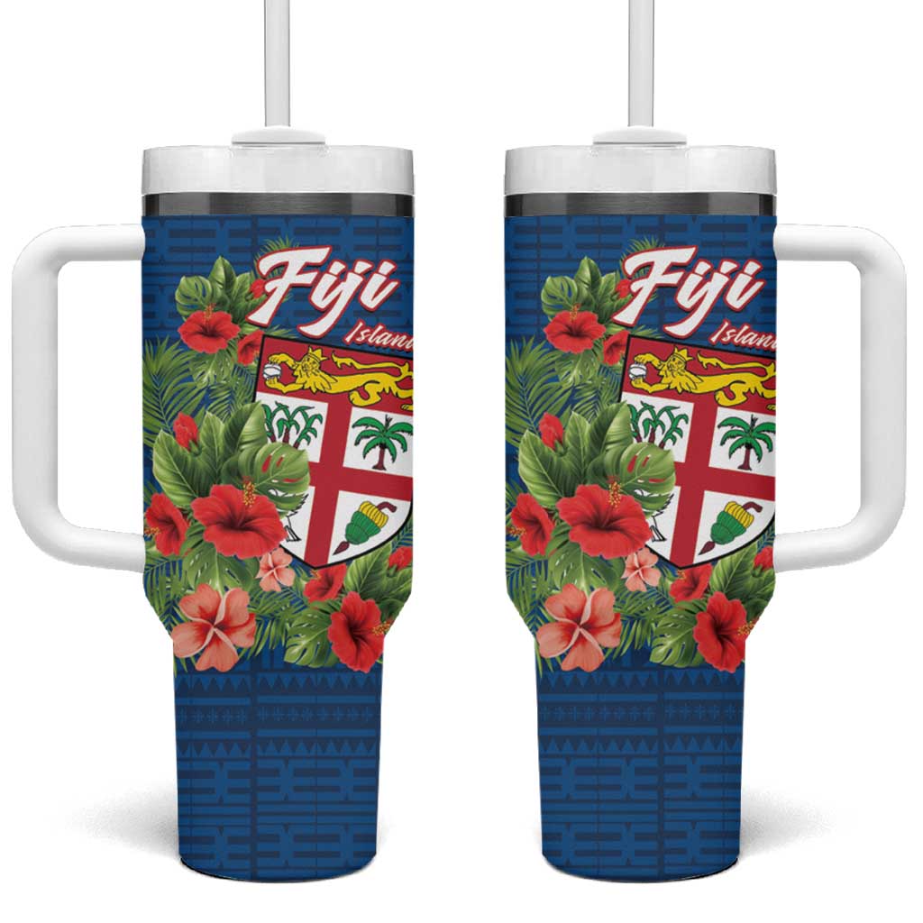 Fiji Island Tropical Flowers and Tapa Custom Stanley Quencher 40oz Stainless Steel Tumbler With Handle