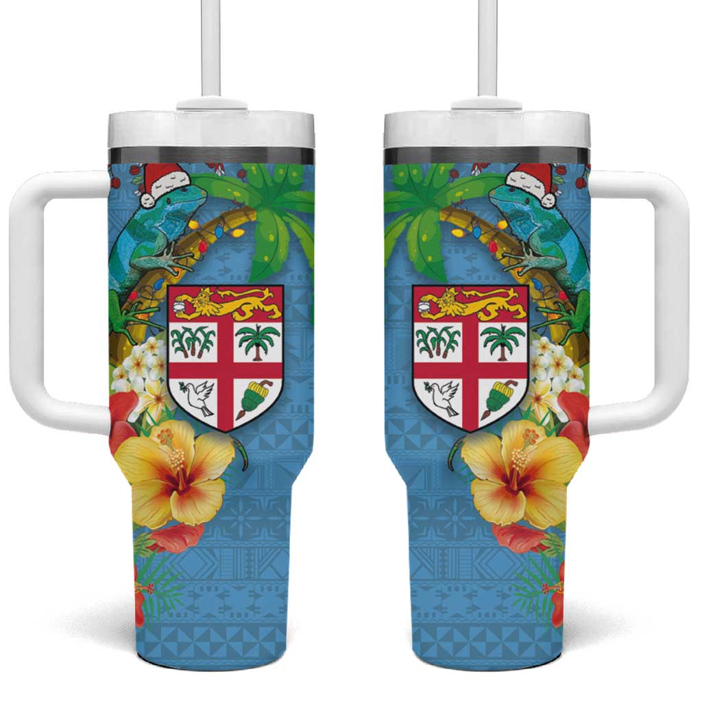 Fijians Iguana Tagimoucia Christmas Palm Tree and Hibiscus Custom Stanley Quencher 40oz Stainless Steel Tumbler With Handle