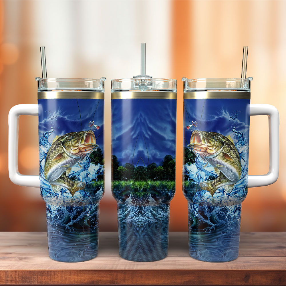 Fishing Hunter Hooked Blue Sport Custom Stanley Quencher 40oz Stainless Steel Tumbler With Handle