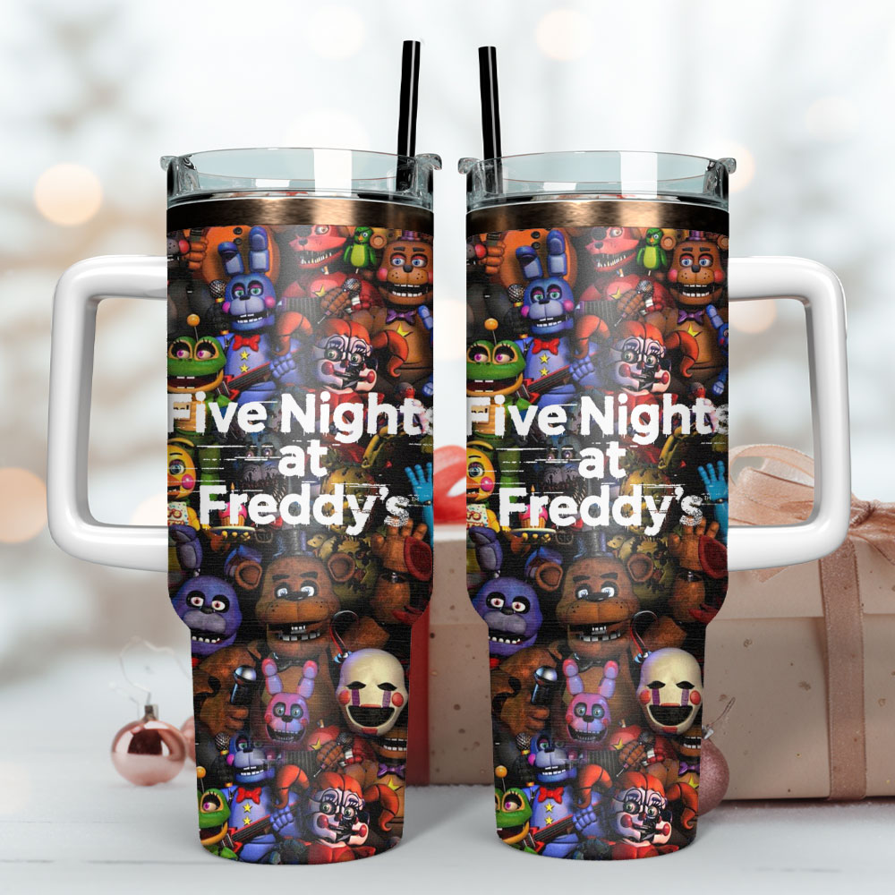 Five Nights At Freddy Cartoon Custom Stanley Quencher 40oz Stainless Steel Tumbler With Handle