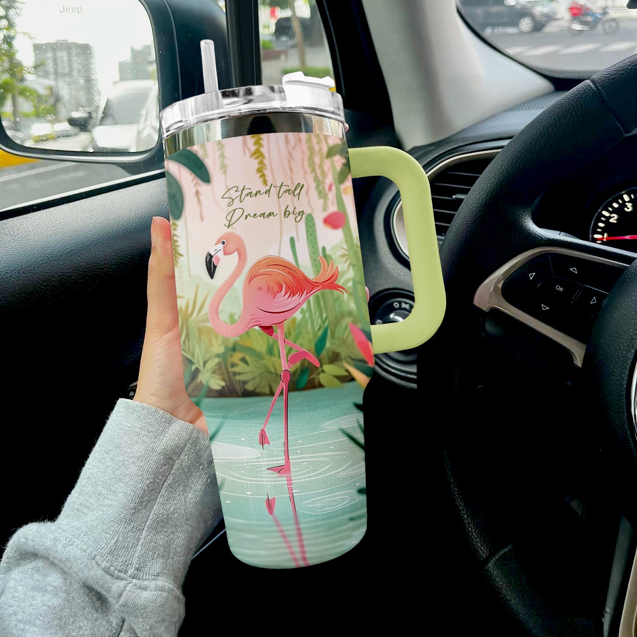 Flamingo In Jungle Custom Stanley Quencher 40oz Stainless Steel Tumbler With Handle