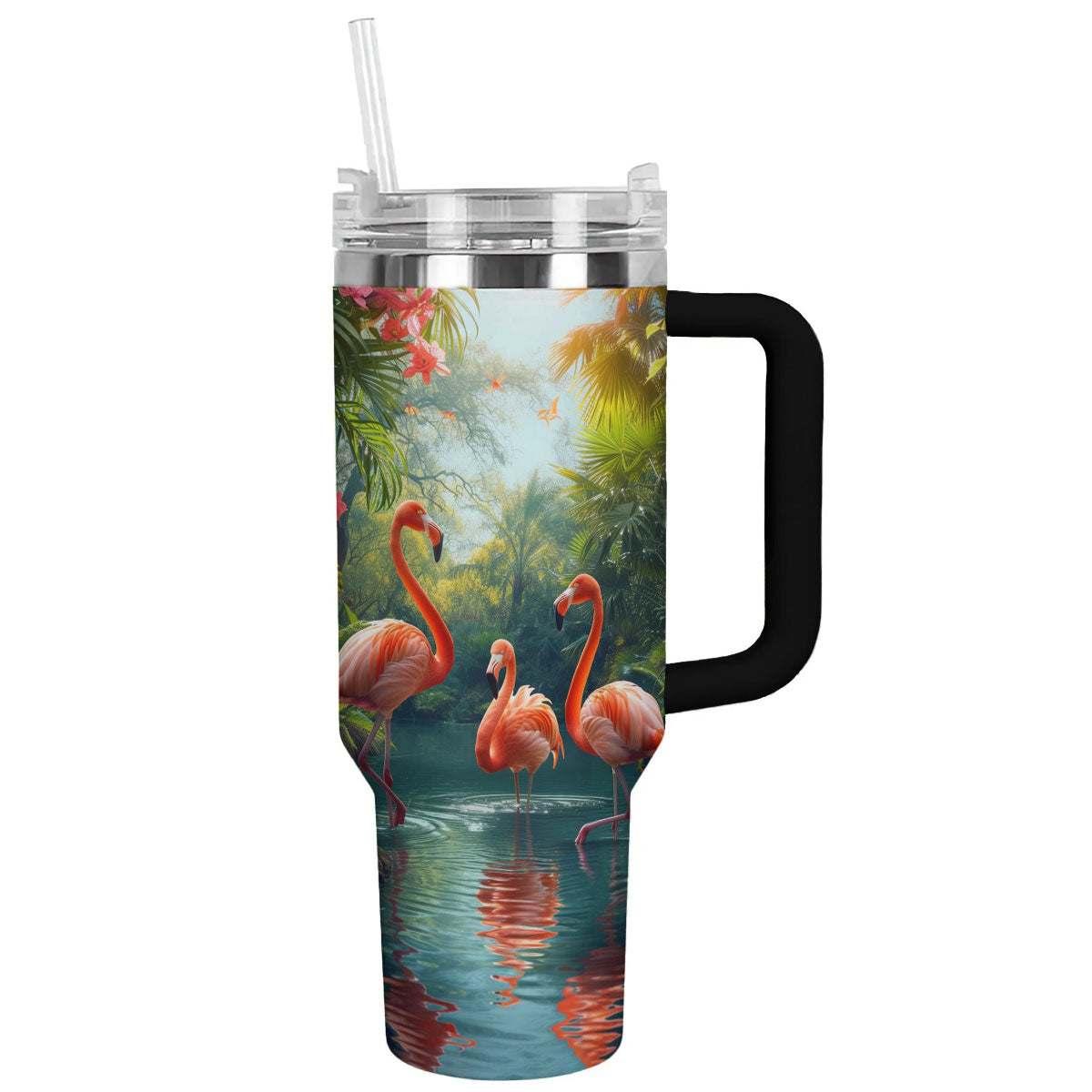 Flamingo In Jungle Custom Stanley Quencher 40oz Stainless Steel Tumbler With Handle
