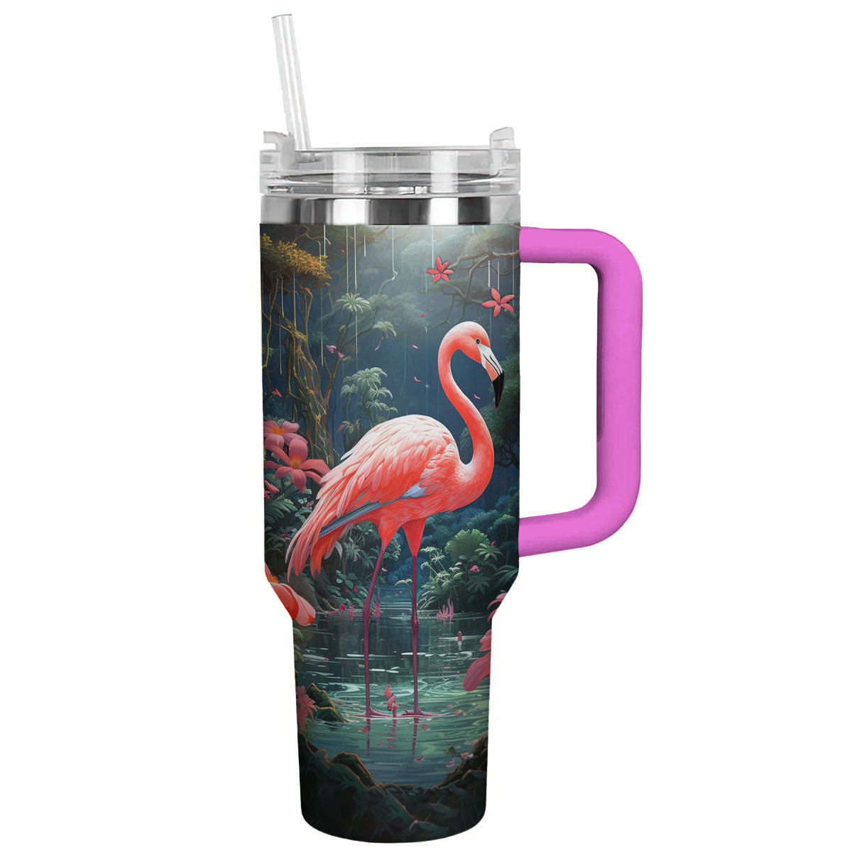 Flamingo In Jungle Custom Stanley Quencher 40oz Stainless Steel Tumbler With Handle
