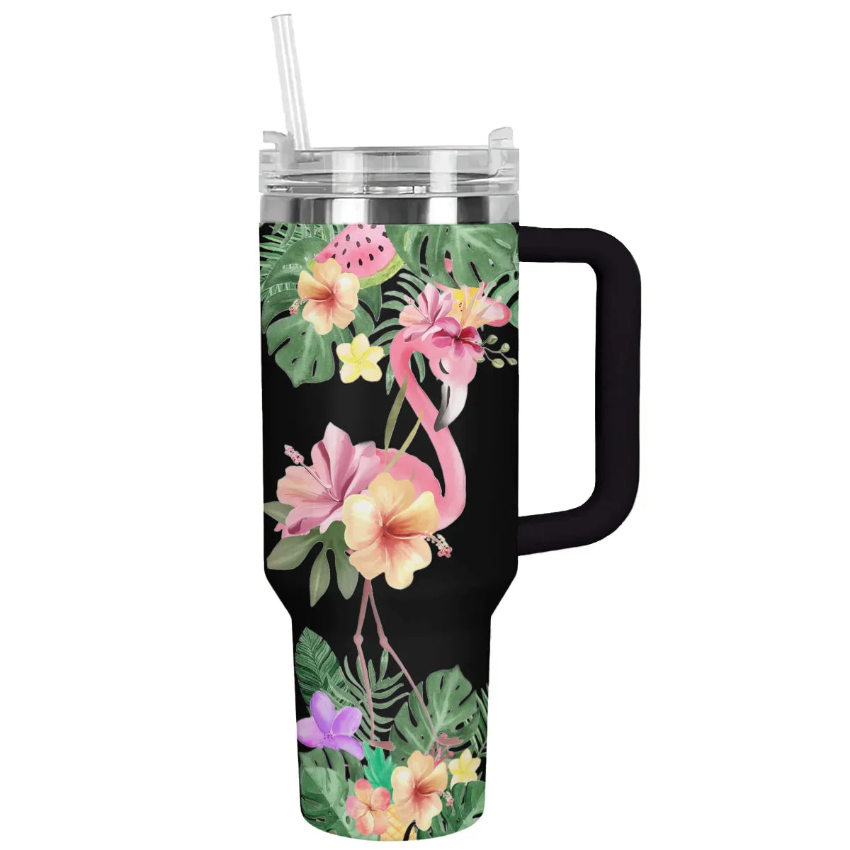 Flamingo In Jungle Custom Stanley Quencher 40oz Stainless Steel Tumbler With Handle