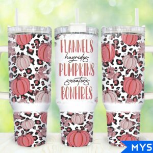 Flannels Pumpkins Bonfires Custom Stanley Quencher 40oz Stainless Steel Tumbler With Handle