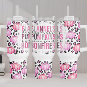 Flannels Pumpkins Bonfires Fall Vibes Custom Stanley Quencher 40oz Stainless Steel Tumbler With Handle
