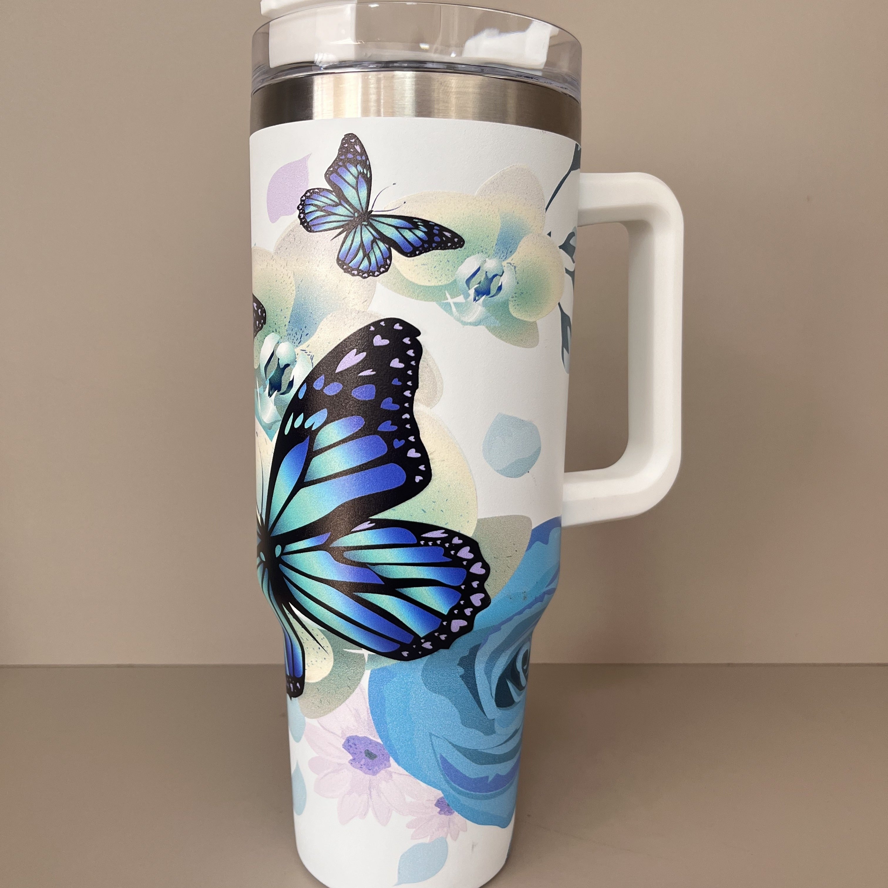 Floral And Butterfly Custom Stanley Quencher 40oz Stainless Steel Tumbler With Handle