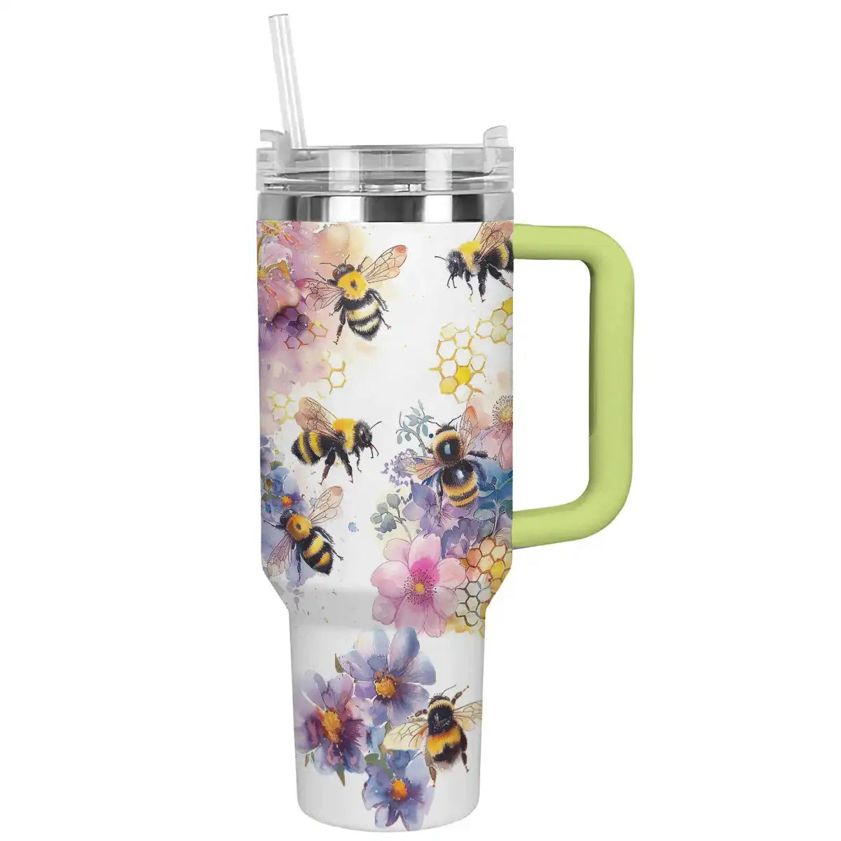 Floral Bee Custom Stanley Quencher 40oz Stainless Steel Tumbler With Handle