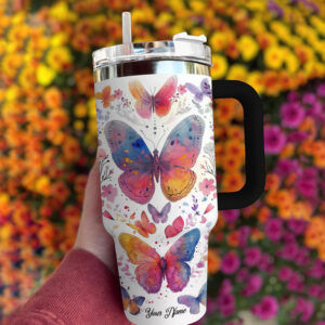 Floral Butterfly Custom Stanley Quencher 40oz Stainless Steel Tumbler With Handle