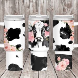 Floral Cow Custom Stanley Quencher 40oz Stainless Steel Tumbler With Handle