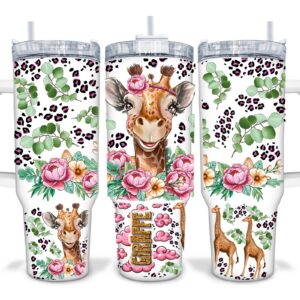 Floral Giraffe Leopard Print Custom Stanley Quencher 40oz Stainless Steel Tumbler With Handle