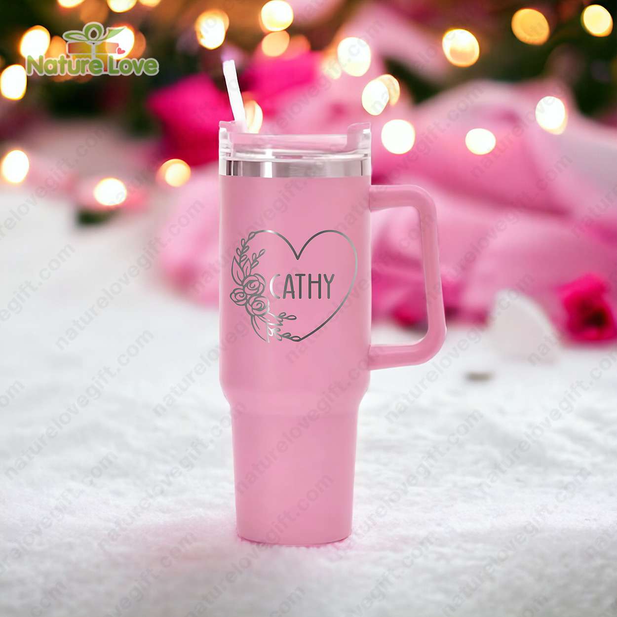 Floral Heart Valentine Gift Custom Stanley Quencher 40oz Stainless Steel Tumbler With Handle