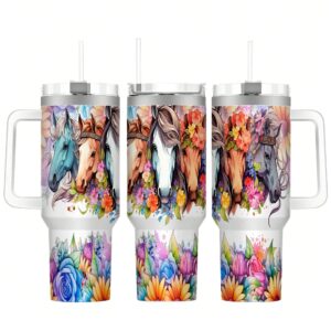 Floral Horse Lover's Custom Stanley Quencher 40oz Stainless Steel Tumbler With Handle