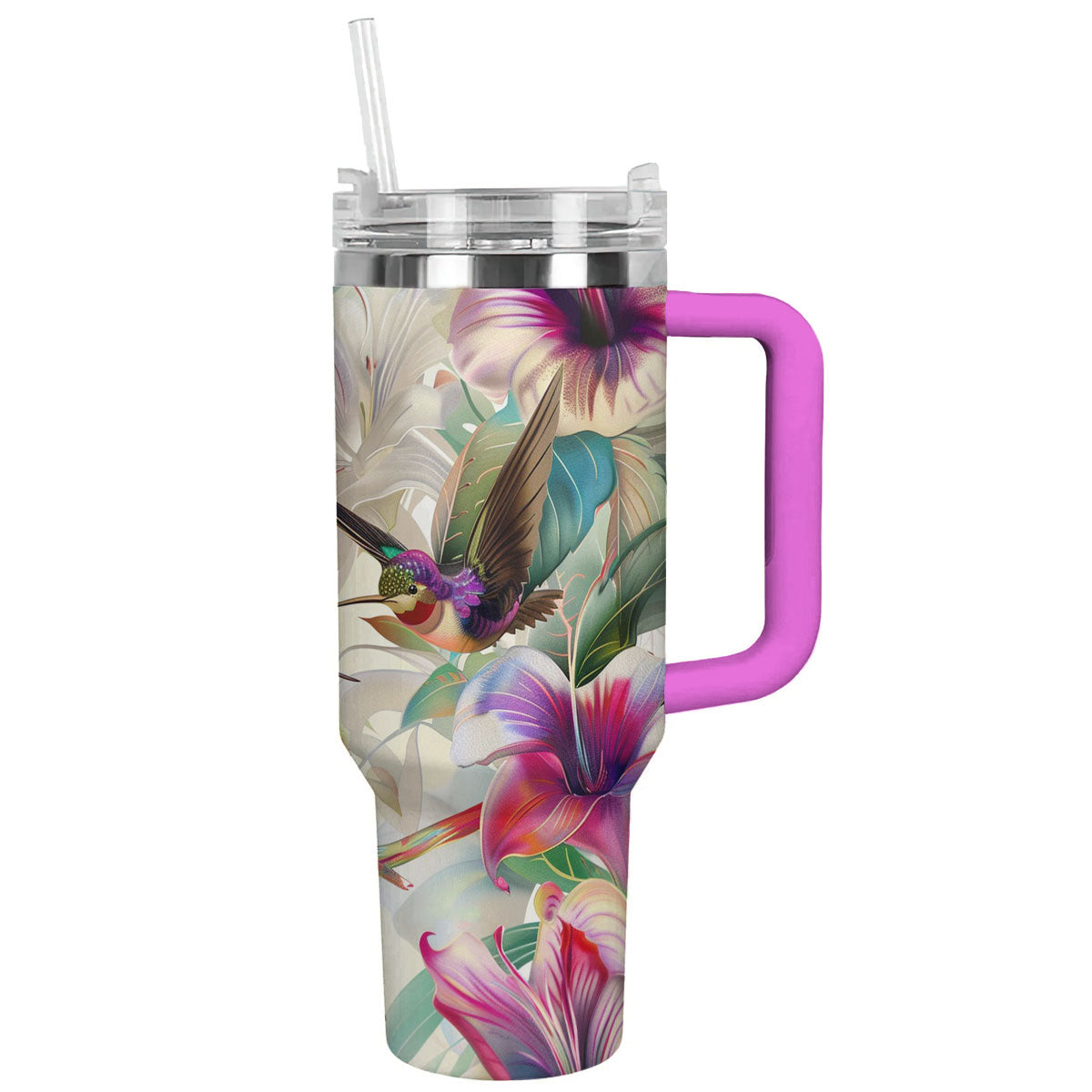 Floral Hummingbird Custom Stanley Quencher 40oz Stainless Steel Tumbler With Handle
