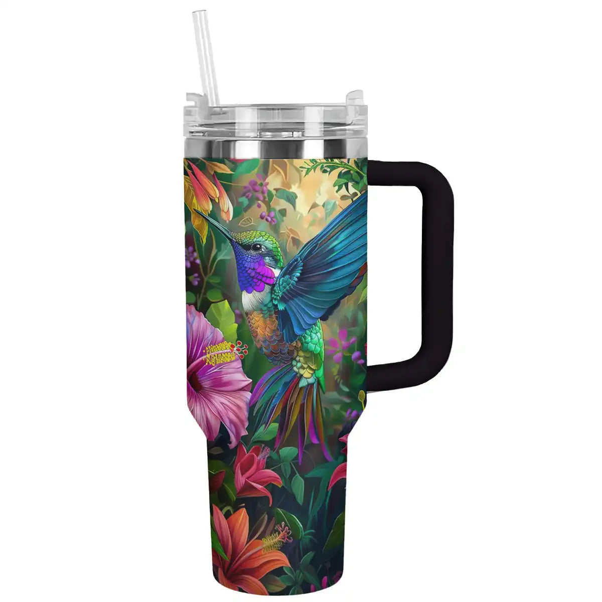 Floral Hummingbird Custom Stanley Quencher 40oz Stainless Steel Tumbler With Handle