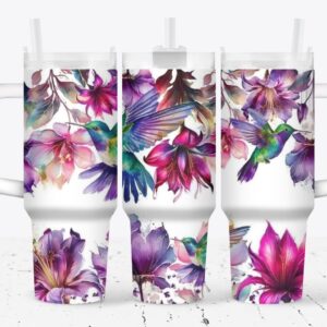 Floral Hummingbird Custom Stanley Quencher 40oz Stainless Steel Tumbler With Handle