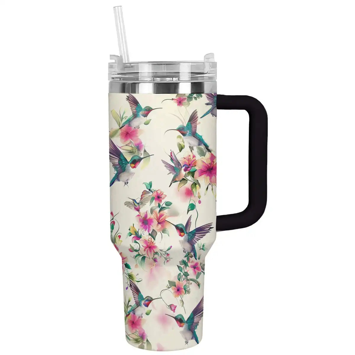 Floral Hummingbird Custom Stanley Quencher 40oz Stainless Steel Tumbler With Handle