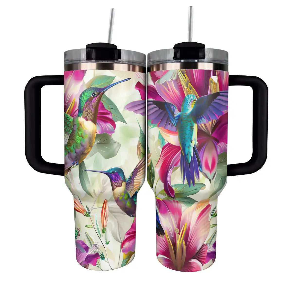 Floral Hummingbird Custom Stanley Quencher 40oz Stainless Steel Tumbler With Handle