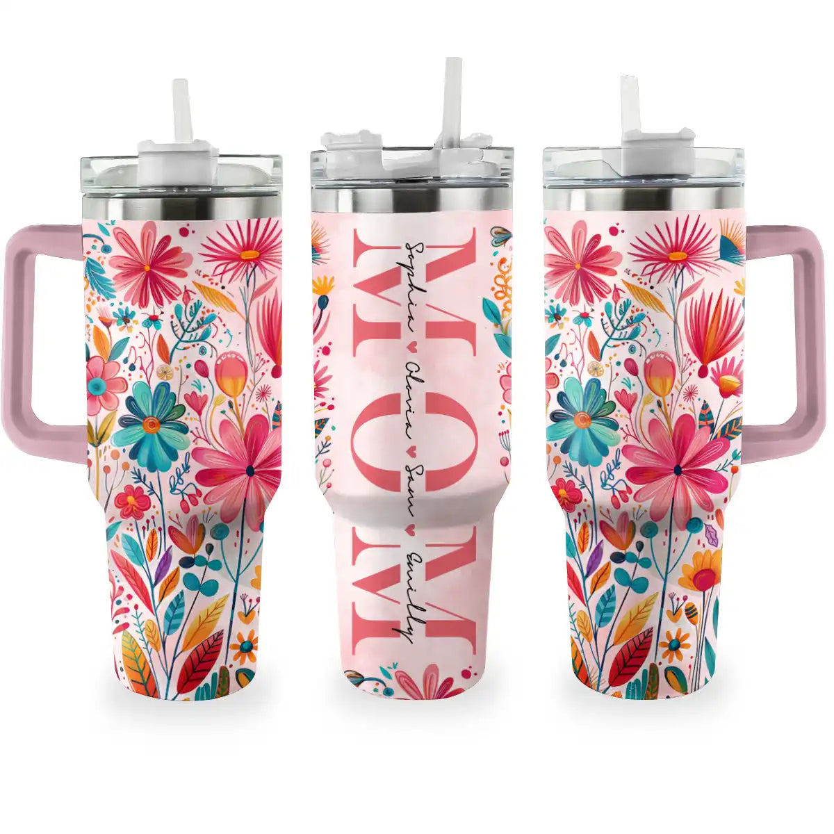 Floral Mom Custom Stanley Quencher 40oz Stainless Steel Tumbler With Handle