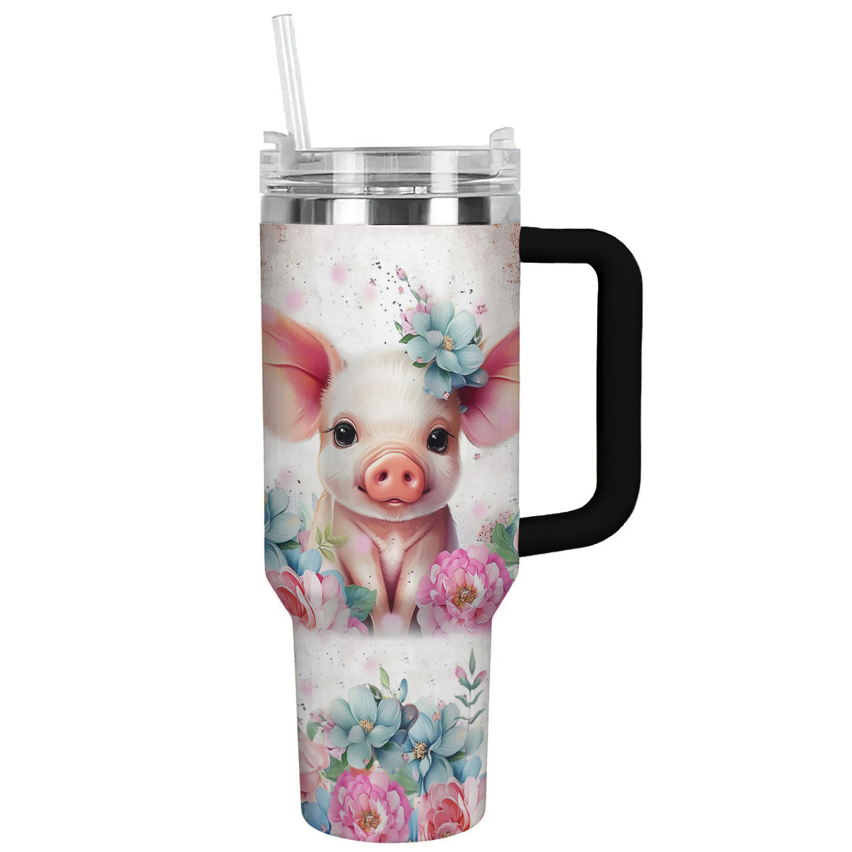 Floral Pig Custom Stanley Quencher 40oz Stainless Steel Tumbler With Handle