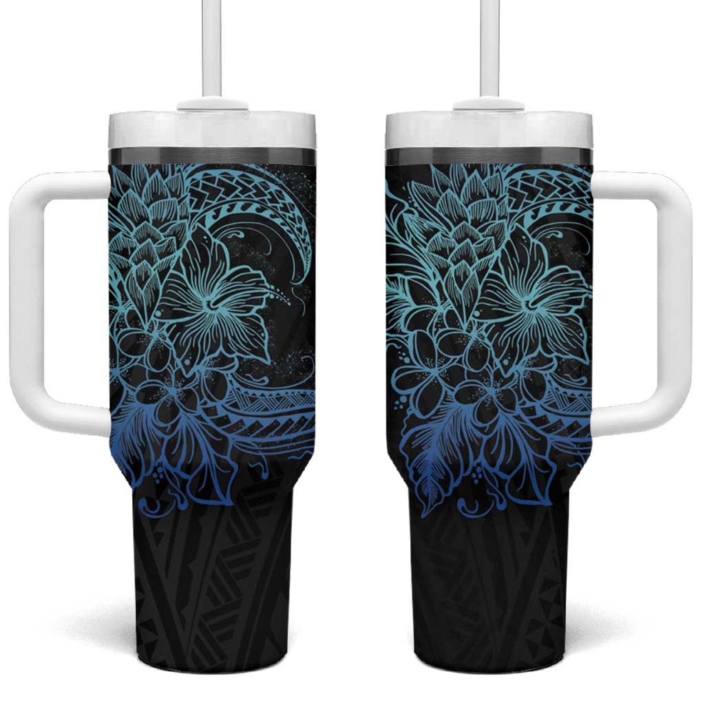 Floral Polynesian Hibiscus Tattoo Blue Gradient Custom Stanley Quencher 40oz Stainless Steel Tumbler With Handle