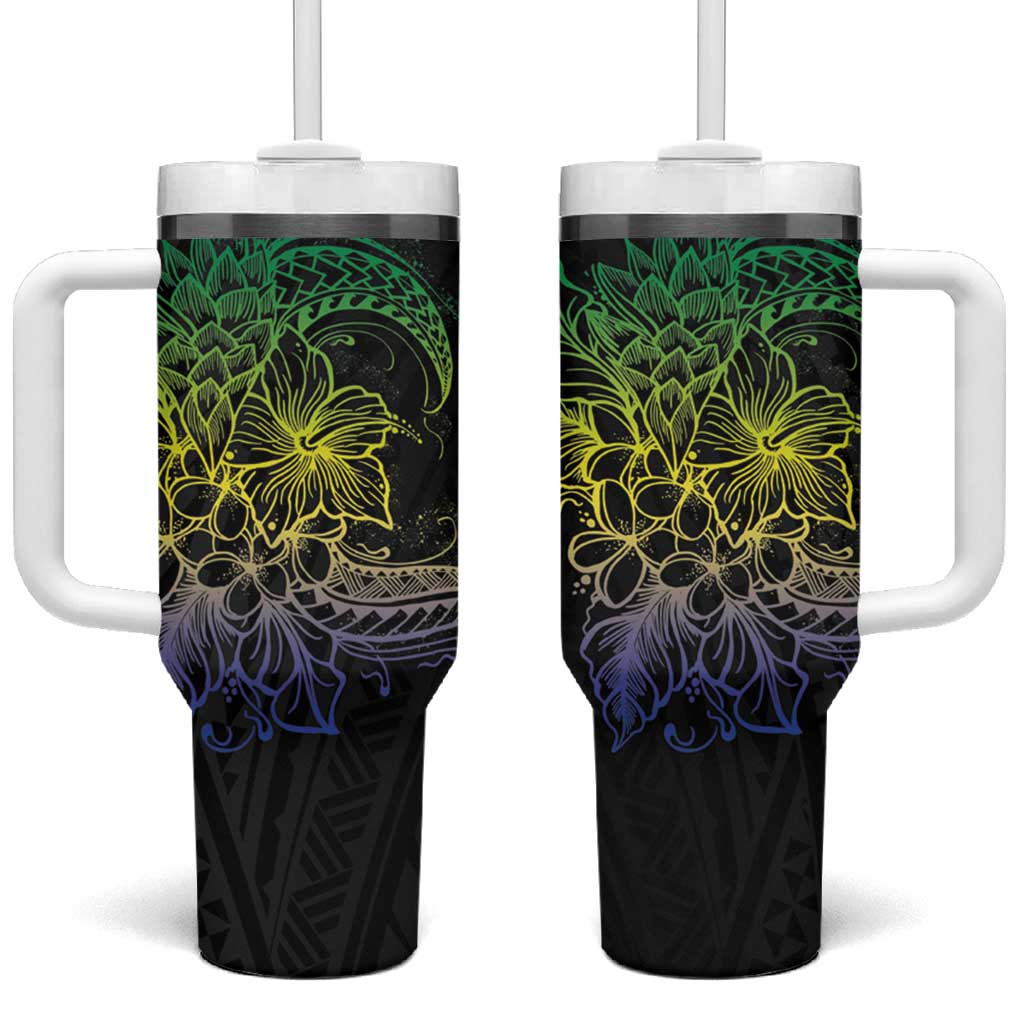 Floral Polynesian Hibiscus Tattoo Green Gradient Custom Stanley Quencher 40oz Stainless Steel Tumbler With Handle