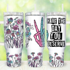 Floral Skeleton Hand Custom Stanley Quencher 40oz Stainless Steel Tumbler With Handle