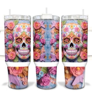 Floral Skull Custom Stanley Quencher 40oz Stainless Steel Tumbler With Handle