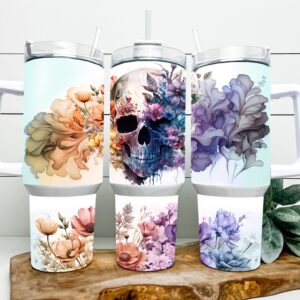 Floral Skull Custom Stanley Quencher 40oz Stainless Steel Tumbler With Handle