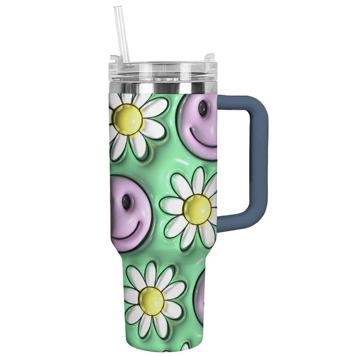 Floral Smile Custom Stanley Quencher 40oz Stainless Steel Tumbler With Handle