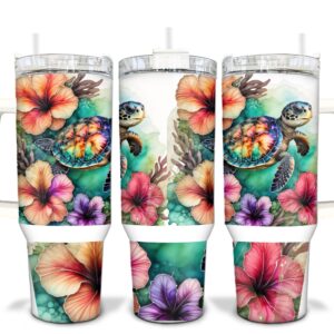 Floral Turtle Custom Stanley Quencher 40oz Stainless Steel Tumbler With Handle