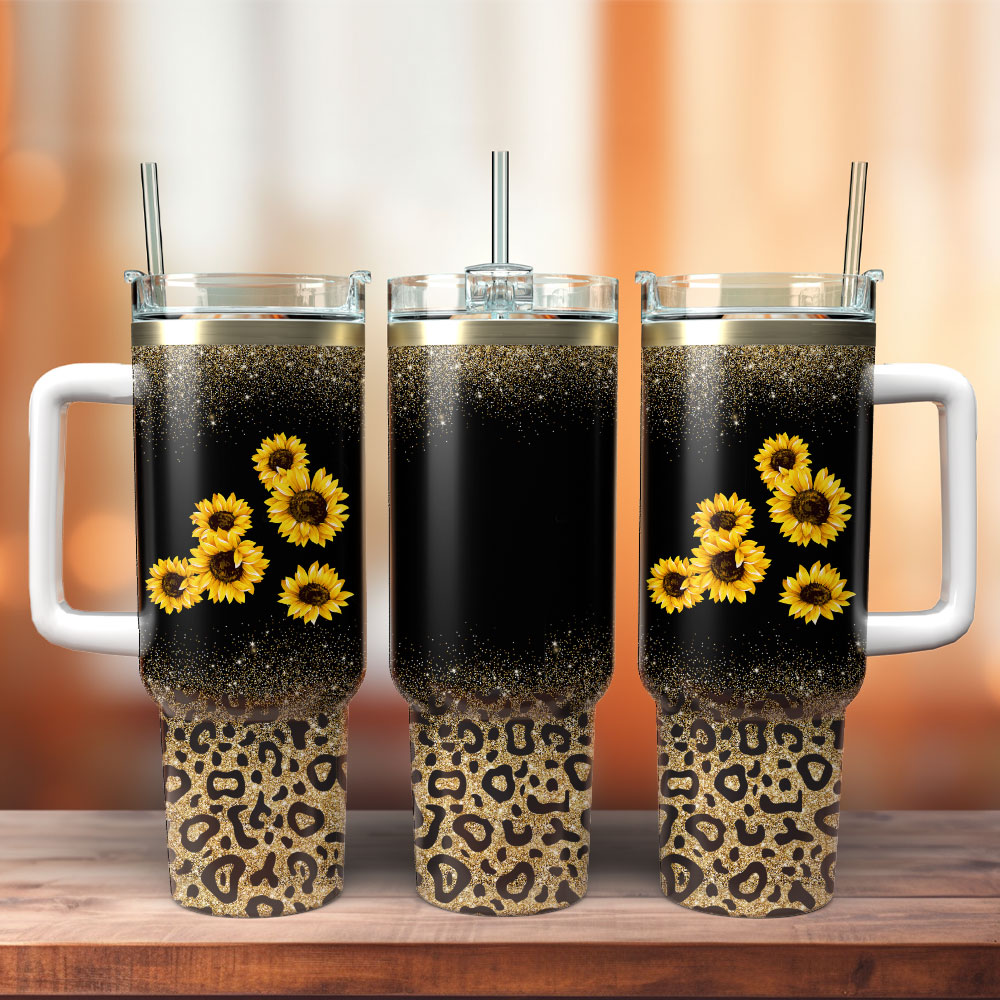 Flower And Leopard Artwork Custom Stanley Quencher 40oz Stainless Steel Tumbler With Handle